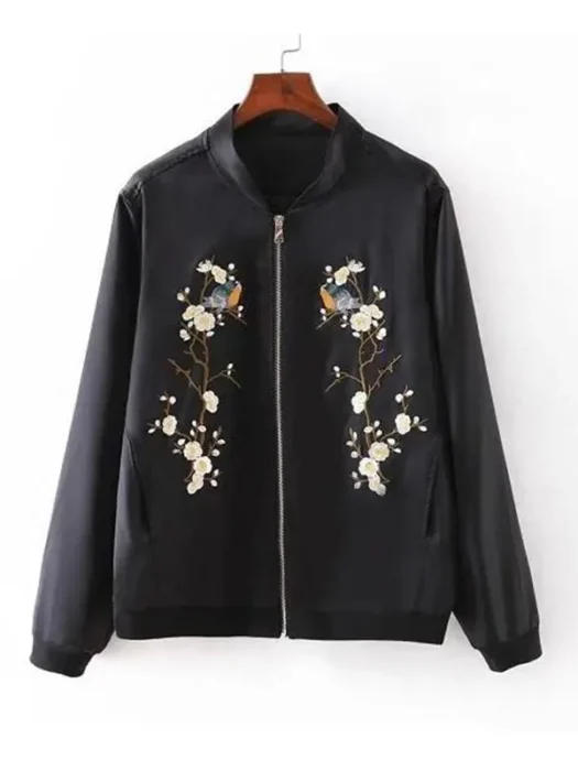 Womens Embroided Black Bomber Jacket
