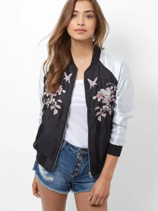 Womens Flower Embroidery Satin Bomber Jacket