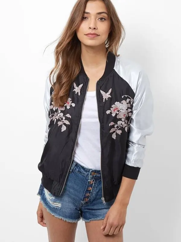 Womens Flower Embroidery Satin Bomber Jacket