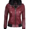 Women's Maroon Hooded Bomber Leather Jacket