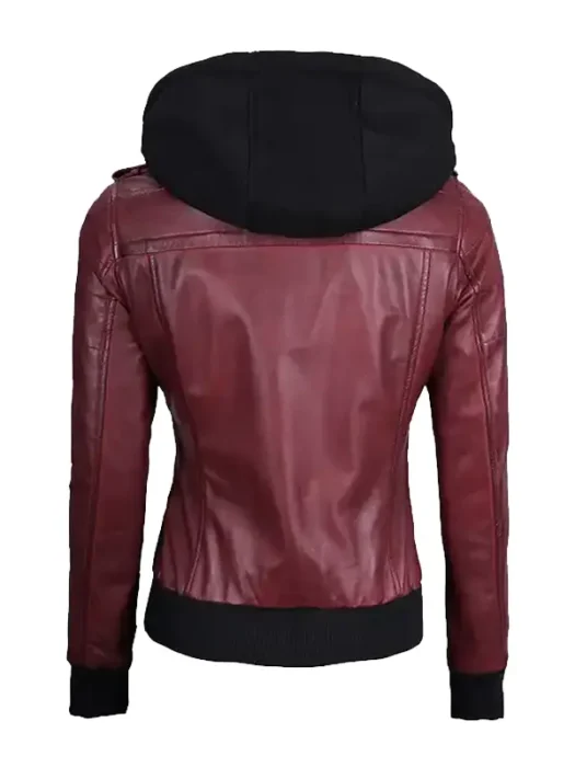 Women's Maroon Hooded Bomber Leather Jacket Back