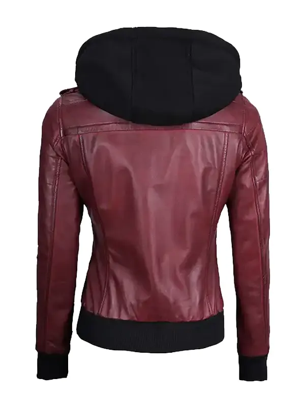 Women’s Maroon Hooded Bomber Leather Jacket Back