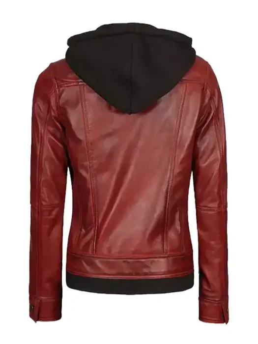 Women's Maroon Leather Jacket With Removable Hood Back