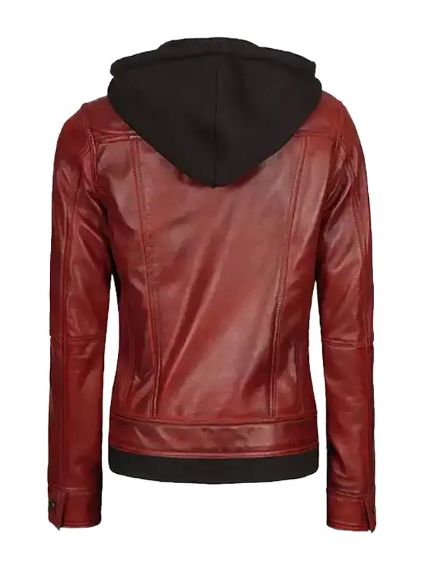 Women’s Maroon Leather Jacket With Removable Hood Back