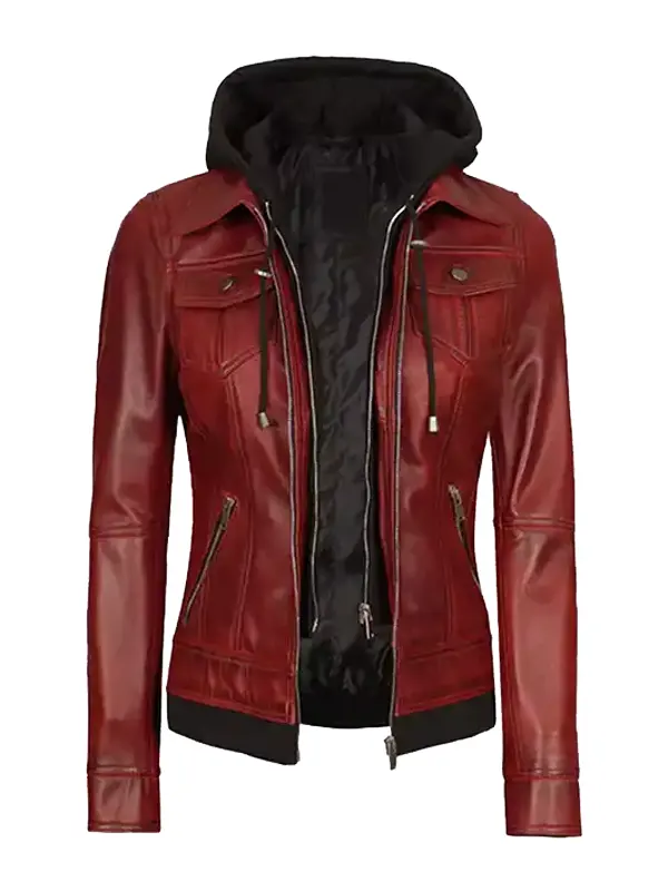 Women’s Maroon Leather Jacket With Removable Hood