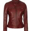 Women's Maroon Quilted Cafe Racer Leather Jacket