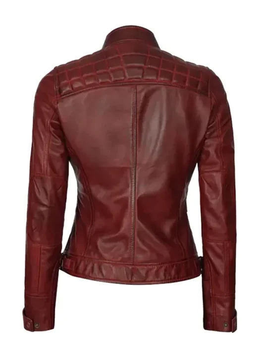 Women's Maroon Quilted Cafe Racer Leather Jacket Back