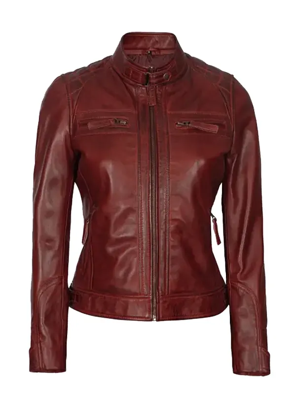 Women’s Maroon Quilted Cafe Racer Leather Jacket