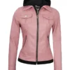 Women's Pink Leather Jacket With Hood
