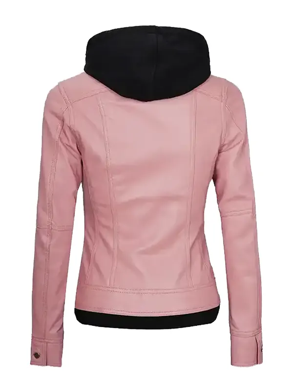 Women’s Pink Leather Jacket With Hood Back