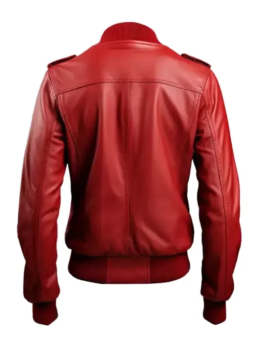 Women's Red Leather Bomber Jacket with Strap Pockets Back
