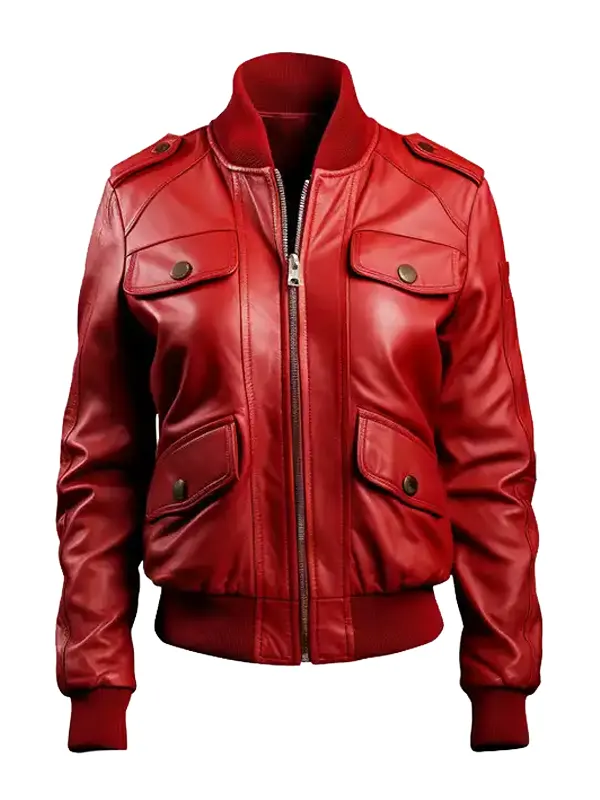 Women’s Red Leather Bomber Jacket with Strap Pockets