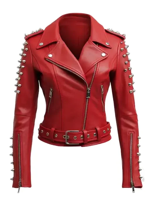 Women's Red Studs Biker Leather Jacket