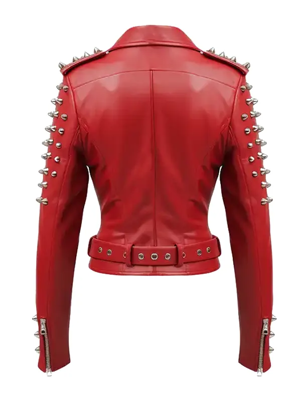 Women’s Red Studs Biker Leather Jacket Back