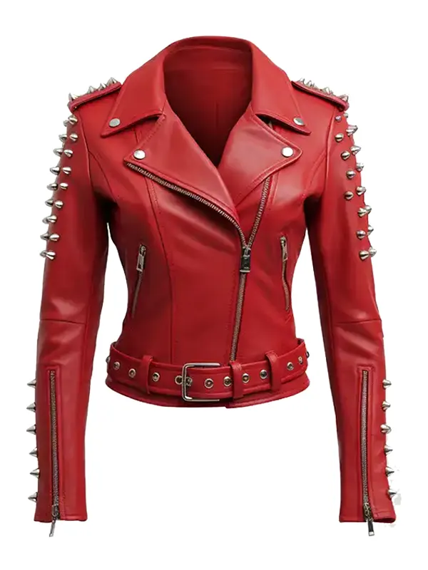 Women’s Red Studs Biker Leather Jacket