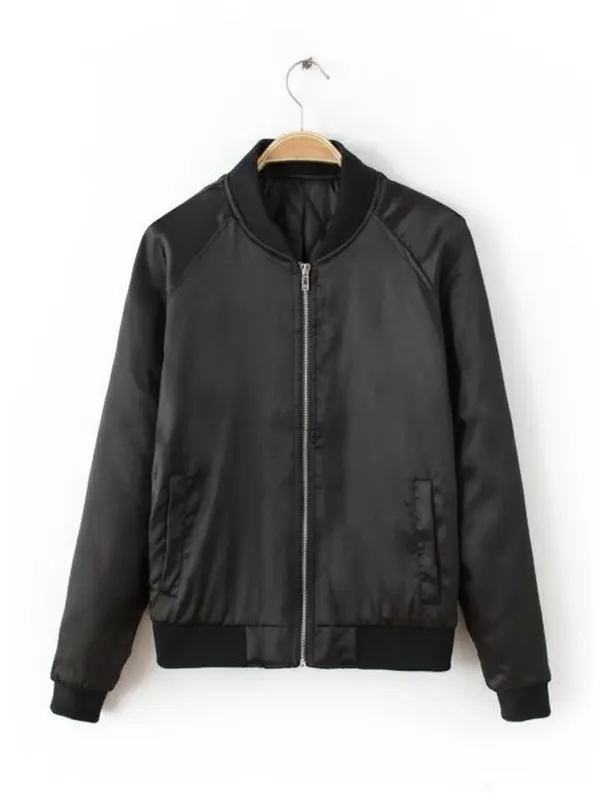 Womens Satin Bomber Black Jacket