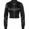 Womens Satin Cropped Black Bomber Jacket