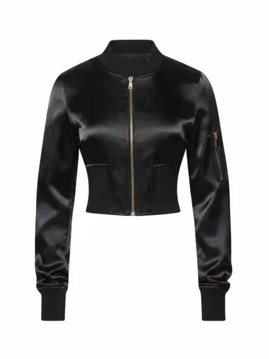 Womens Satin Cropped Black Bomber Jacket