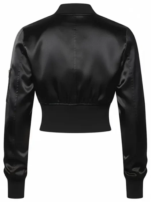 Womens Satin Cropped Black Bomber Jacket Back