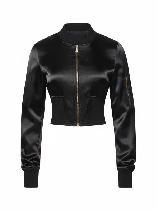 Womens Satin Cropped Black Bomber Jacket