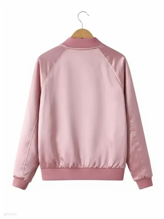 Womens Satin Pink Bomber Jacket Back