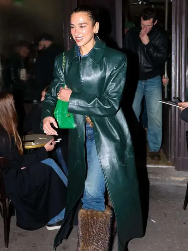 Dua Lipa Green Leather Coat