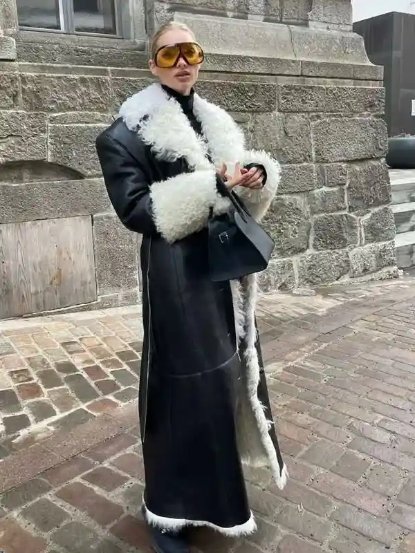 Elsa Hosk Black Shearling Black Leather Coat