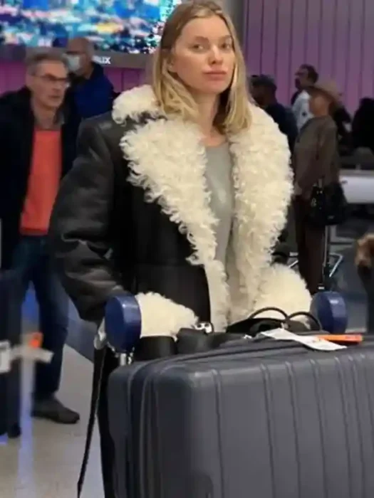 Elsa Hosk Black Shearling Leather Black Coat