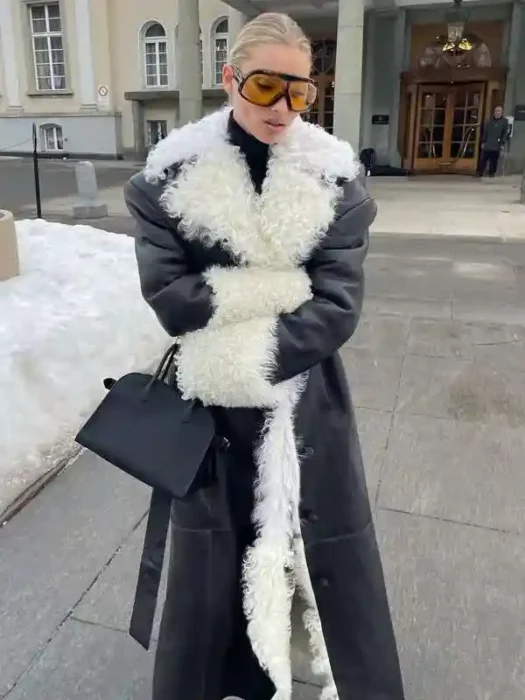 Elsa Hosk Black Shearling Leather Black Long Coat