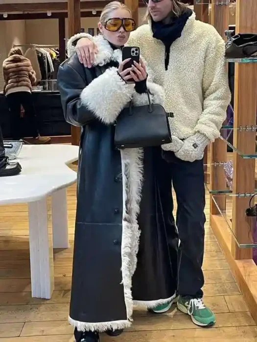 Elsa Hosk Black Shearling Leather Coat
