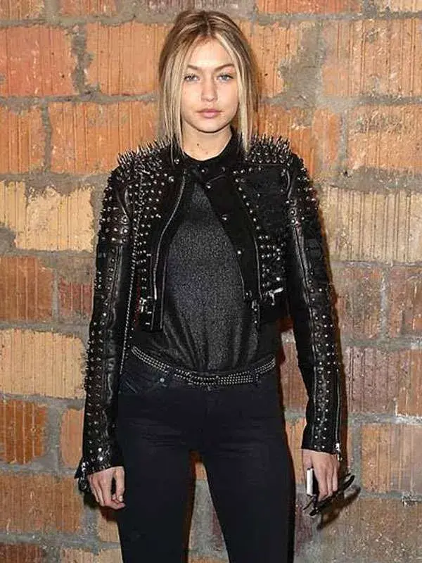 Gigi Hadid Black Cropped Studded Leather Jacket