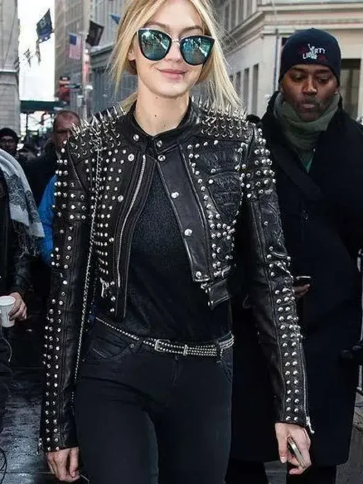 Gigi Hadid Cropped Black Studded Leather Jacket