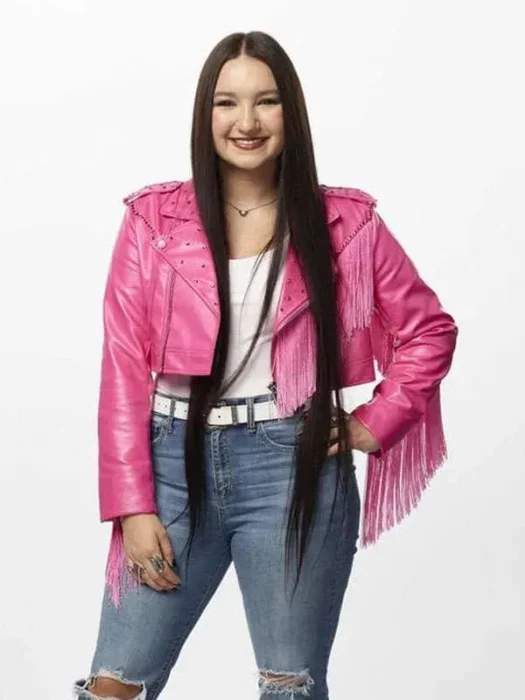 Hailey Wright The Voice Pink Fringe Leather Jacket