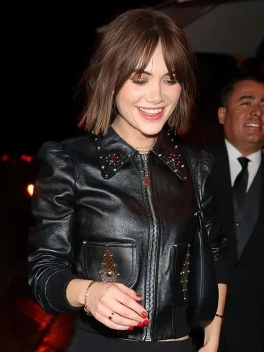 LA 2026 Emilia Jones Black Leather Bomber Jacket