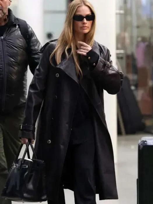 Margot Robbie Black Leather Long Coat