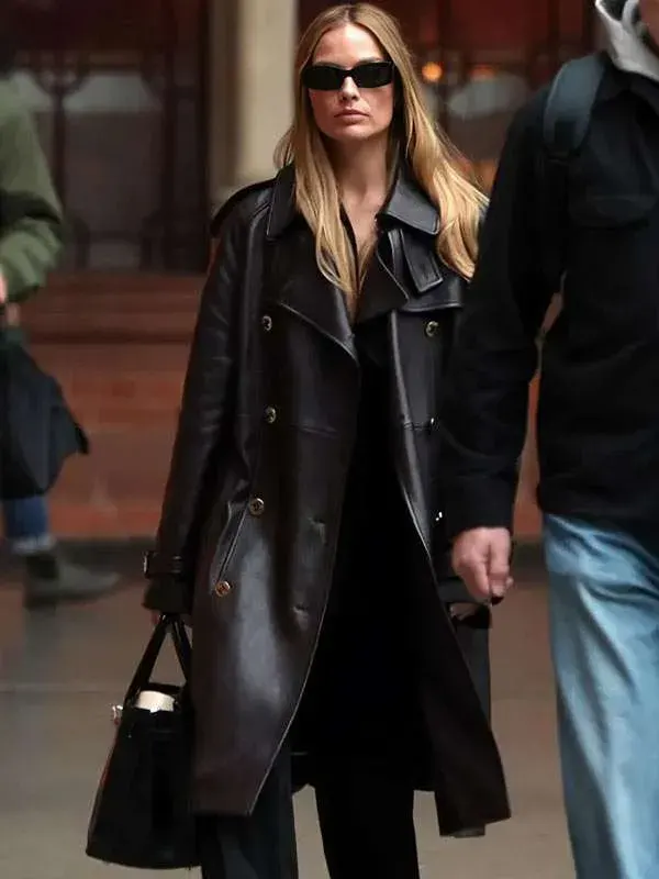 Margot Robbie Black Long Leather Coat