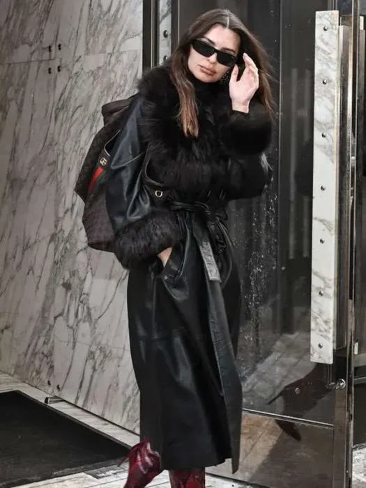 NYC 2026 Emily Ratajkowski Black Leather Coat