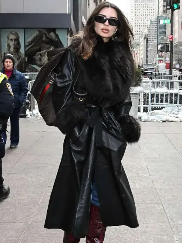NYC Emily Ratajkowski Leather Black Coat