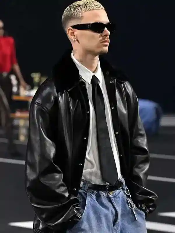 PFW 2026 Romeo Beckham Black Leather Jacket