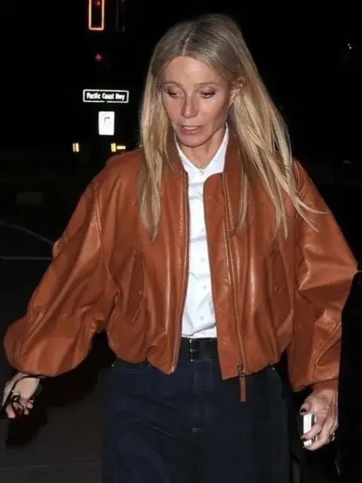 Street Style Gwyneth Paltrow Brown Leather Jacket