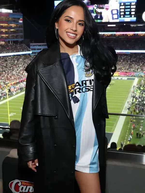 Super Bowl Becky G Black Leather Long Coat