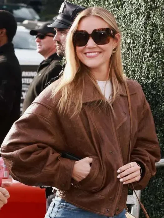 Super Bowl Party Olivia Ponton Leather Brown Jacket