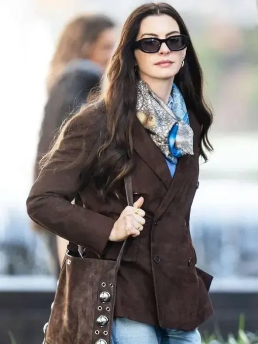 The Devil Wears Prada 2 Anne Hathaway Suede Brown Leather Blazer