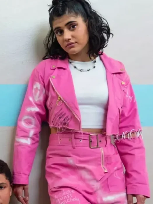 Ayesha Madon Heartbreak High Cropped Pink Leather Jacket