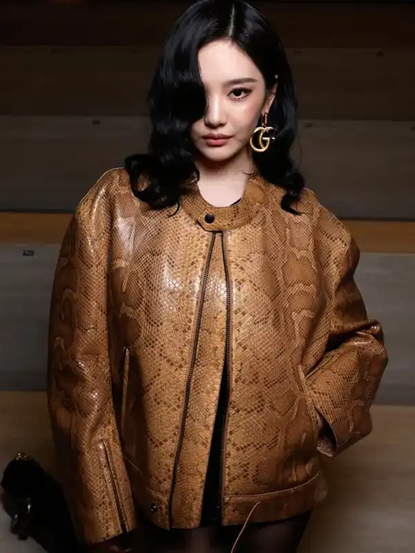 Fashion Week Ningning Snakeskin Brown Leather Jacket