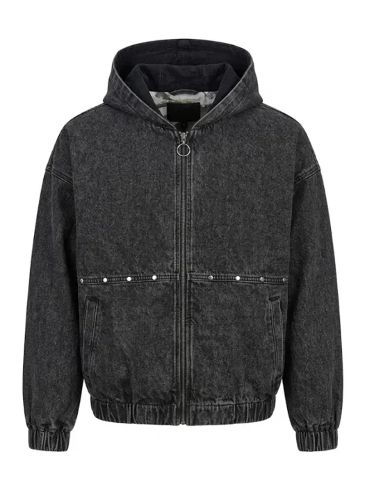 Mens Studded Hooded Denim Jacket Washed Black