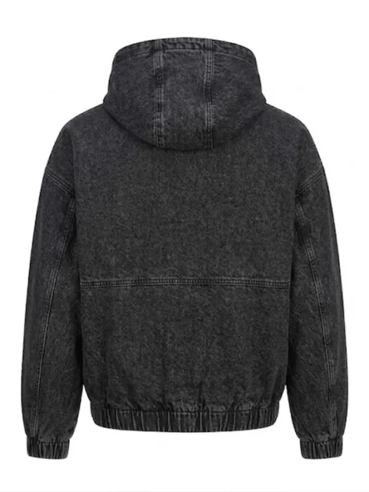 Mens Studded Hooded Denim Jacket Washed Black Back