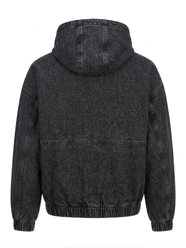 Mens Studded Hooded Denim Jacket Washed Black Back