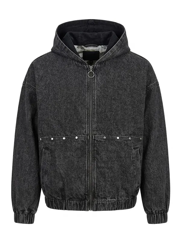 Mens Studded Hooded Denim Jacket Washed Black