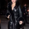 NYC 2026 Rihanna Fur Trim Black Leather Coat